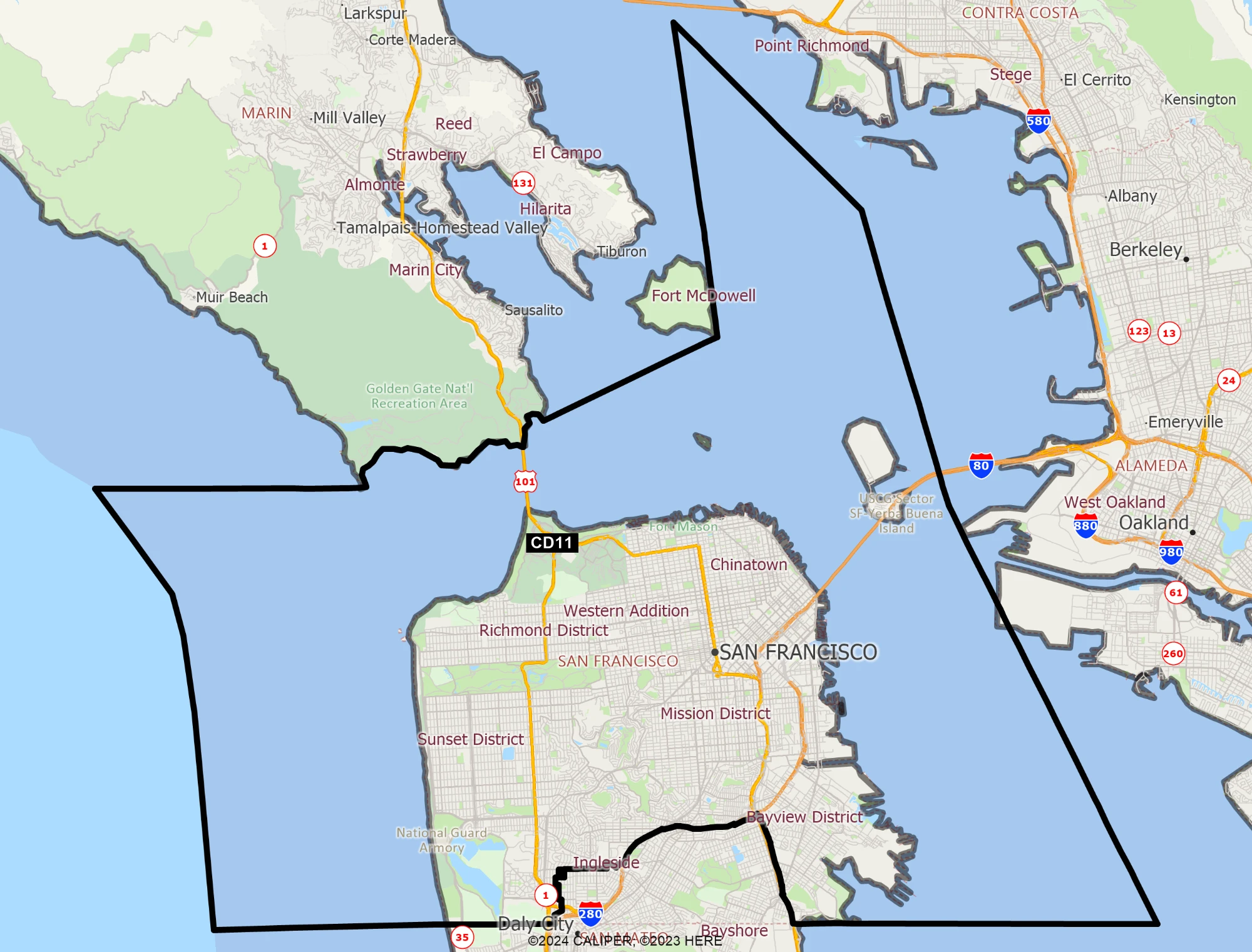 Map of Congressional District 11, outlined in black, covering most of San Francisco. The southern neighborhoods around and below McLaren Park are outside the district.